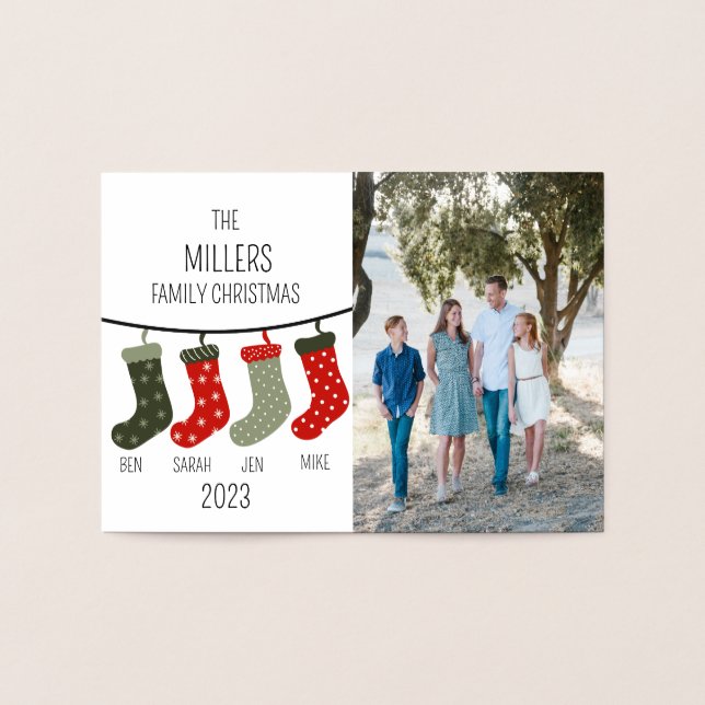 Carte Dorée Chaussettes de Noël en famille de quatre (Intérieur)