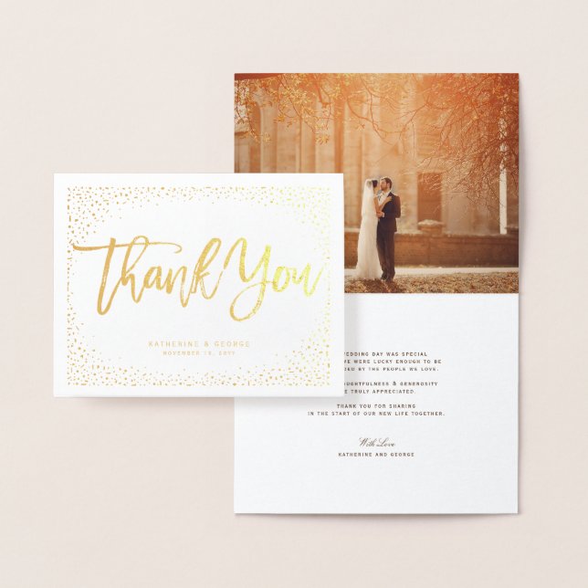 Carte Dorée Confetti Points Chic Brush Script Mariage Merci (Affichage)