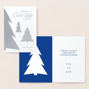 Carte Dorée Cool Yule Arbres modernes Vacances Bleu & Argent V
