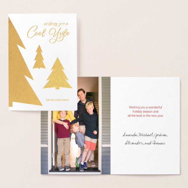 Carte Dorée Cool Yule Script Arbres Votre Photo Holiday Gold (Affichage)
