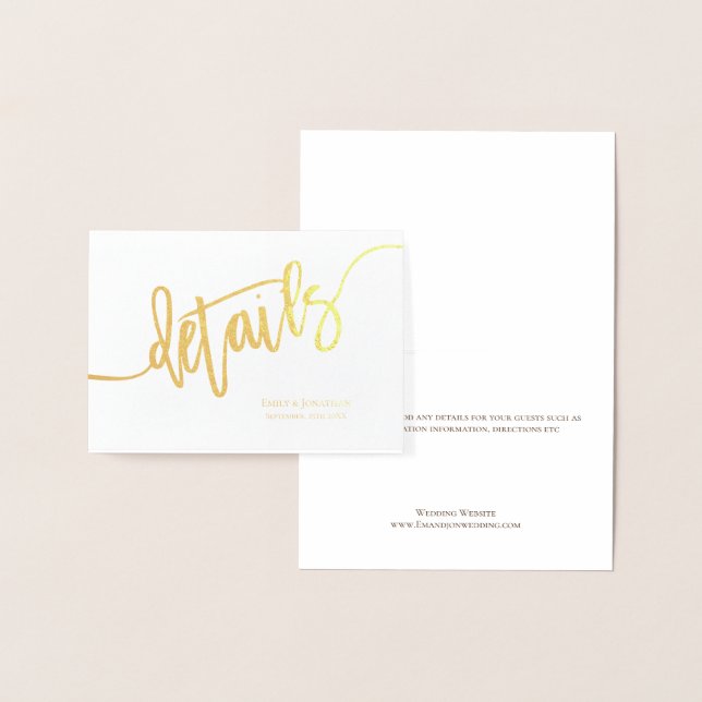 Carte Dorée Détails du Mariage de script élégant Boîtier Or (Affichage)