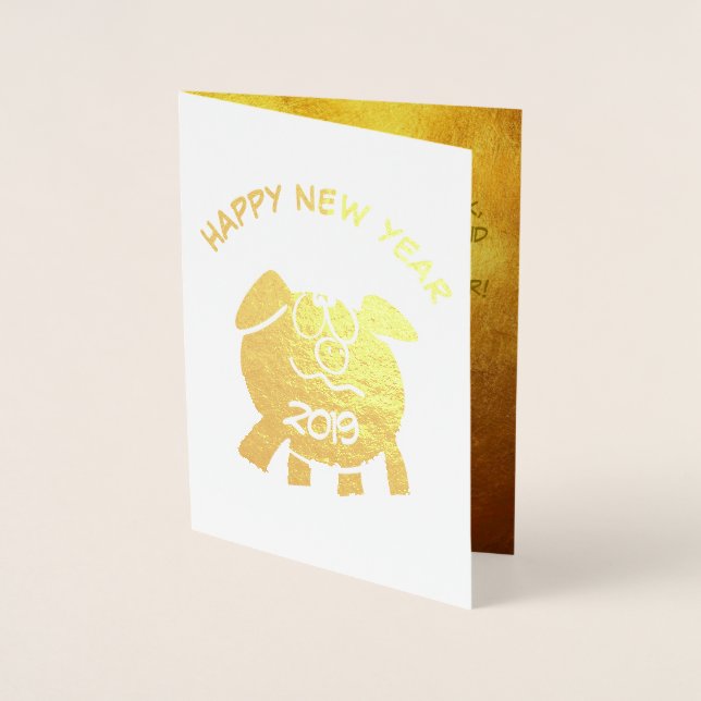 Carte Dorée Drôle 2 Cartoon Cochon Année Zodiaque Anniversaire (Devant)