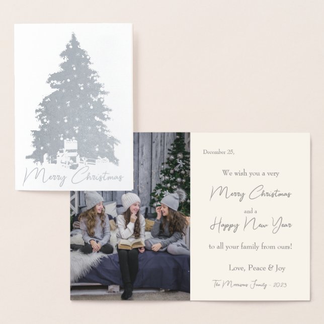 Carte Dorée Elégant Arbre de Noël Argent & Cadeaux Photo Real (Affichage)