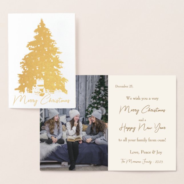 Carte Dorée Elégant Arbre de Noël Or & Cadeaux Photo Real (Affichage)