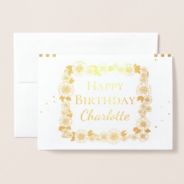 Carte Dorée Elégant cadre floral Joyeux anniversaire Real Gold (Devant avec enveloppe)