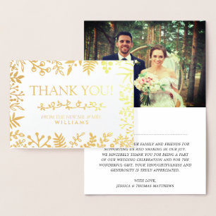 Carte Dorée Élégant feuillage botanique Photo Mariage Merci