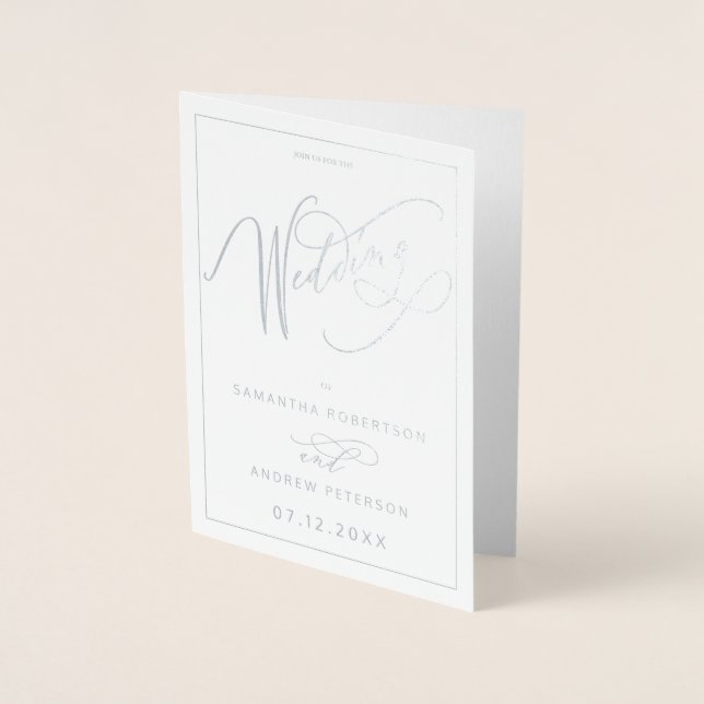 Carte Dorée Élégant feuille d'argent minimaliste mariage calli (Devant)