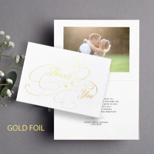 Carte Dorée Élégant feuille d'or script photo mariage merci