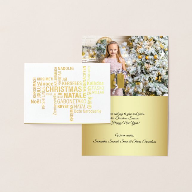 Carte Dorée Élégant Gold Foil Noël vacances multilingue (Affichage)