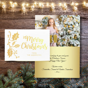 Carte Dorée Elegant Holly Joyeux Noël Salutation PHOTO Or