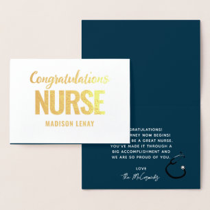 Carte Dorée Élégant Infirmière inscrite Graduation Marine Blue