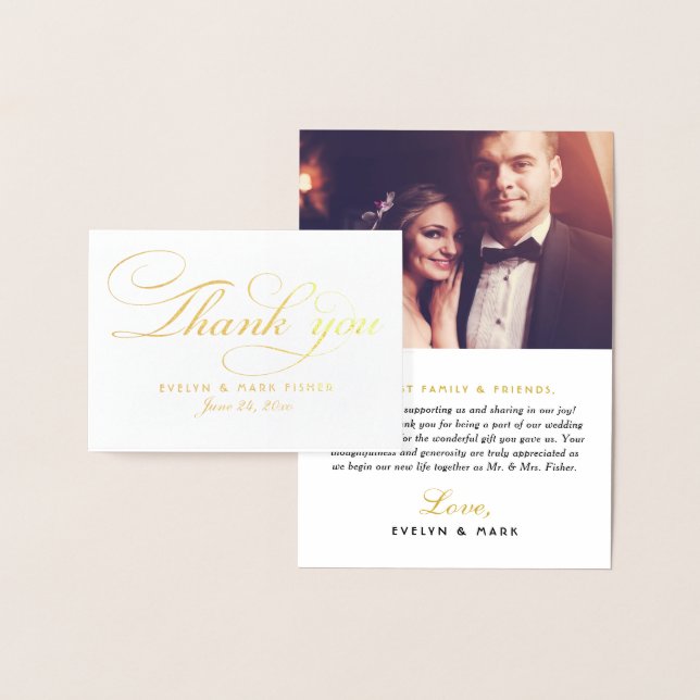 Carte Dorée Elégant Mariage de script or Merci photo (Affichage)