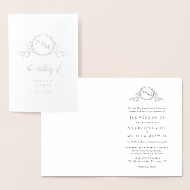 Carte Dorée Élégant Monogramme à huile d'argent réel, Mariage  (Affichage)