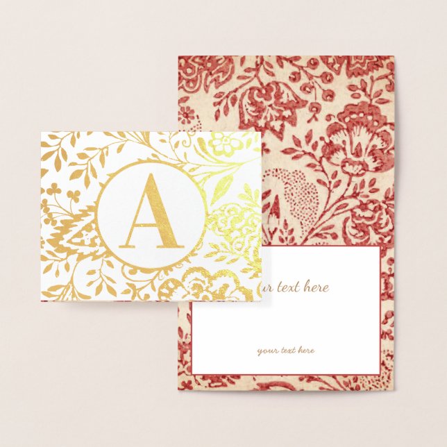 Carte Dorée Élégant or ou argent rouge floral Monogramme (Affichage)