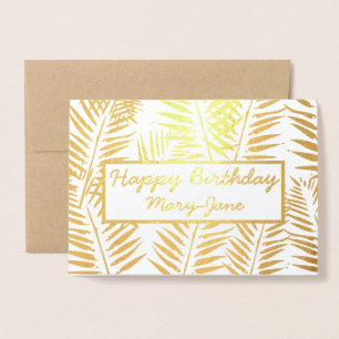 Carte Dorée Elégant Tropical Joyeux Anniversaire Feuilles Impr