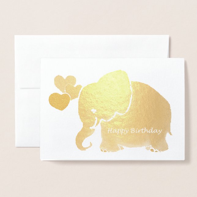 Carte Dorée Eléphant Bébé Or Avec Ballons Joyeux anniversaire (Devant avec enveloppe)