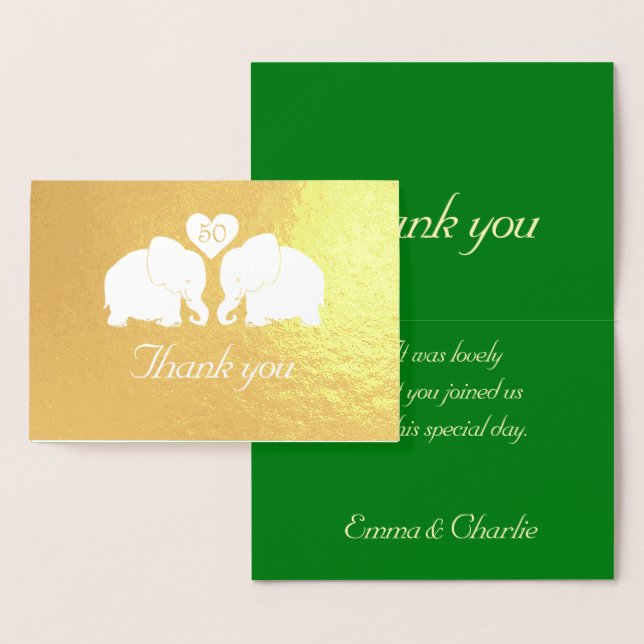 Carte Dorée Eléphants Mariages d'or personnalisés Merci (Affichage)