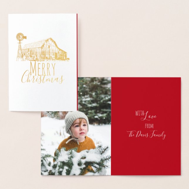 Carte Dorée Ferme et moulin à vent Joyeux Noël avec photo (Affichage)