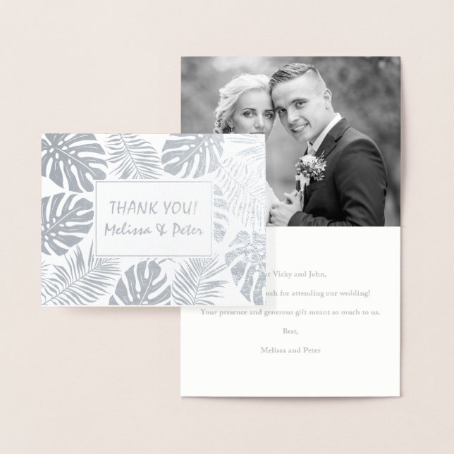 Carte Dorée Feuille tropicale photo Merci mariage en argent (Affichage)