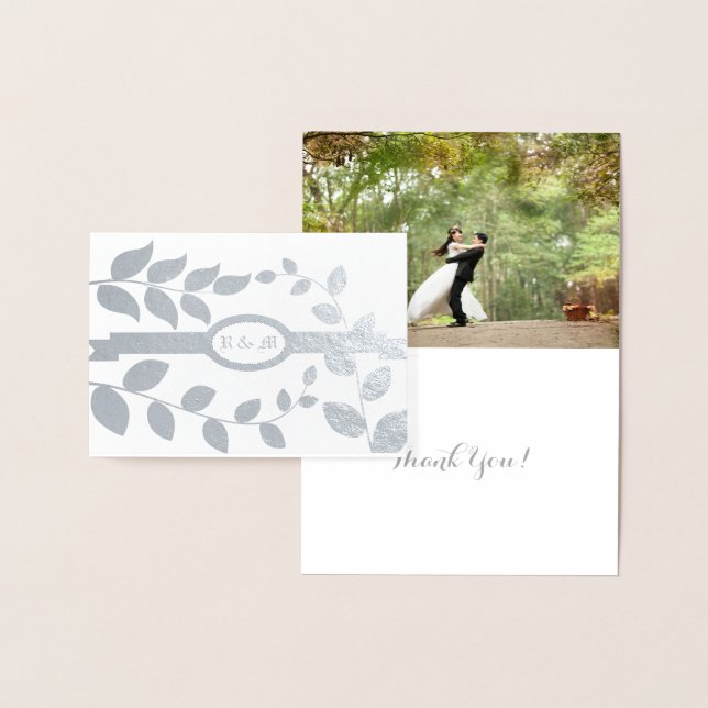 Carte Dorée Feuilles mariages en argent avec initiales texte p (Affichage)
