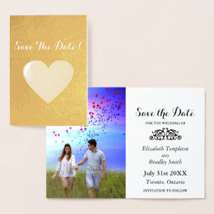 Carte Dorée Foil Heart Fiançailles Photo Enregistrer la date
