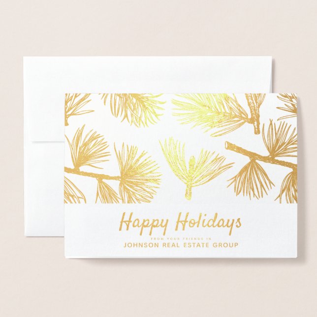 Carte Dorée Foliage d'hiver moderne | Salutations de vacances (Devant avec enveloppe)