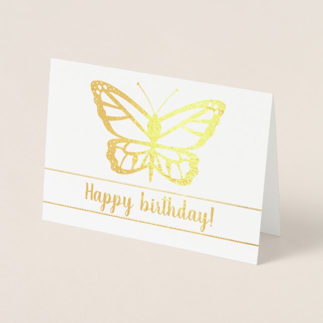 Carte Dorée Forme de papillon avec texte Joyeux Anniversaire (Devant)