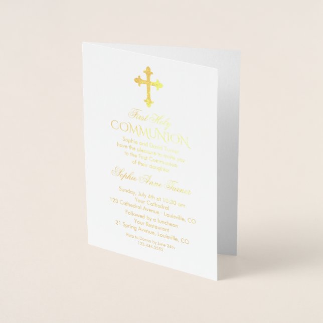Carte Dorée Glam Real Gold Foil Girl première communion sainte (Devant)