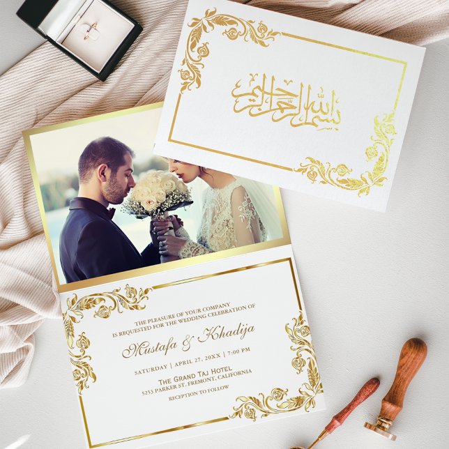 Carte Dorée Gold Floral Blanc photo Mariage musulman (Créateur téléchargé)