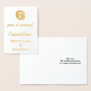 Carte Dorée Gold Foil 6e anniversaire Mariage + noms personnal