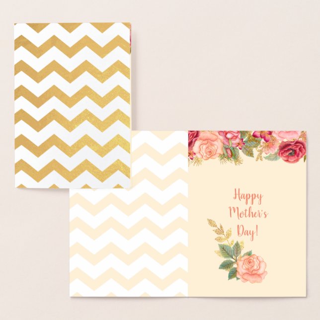 Carte Dorée Gold Foil Chevron Stripes | Fête des mères Roses (Affichage)