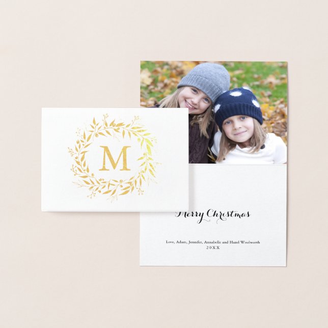 Carte Dorée Gold Foil Noël Vacances Monogramme Wreath (Affichage)