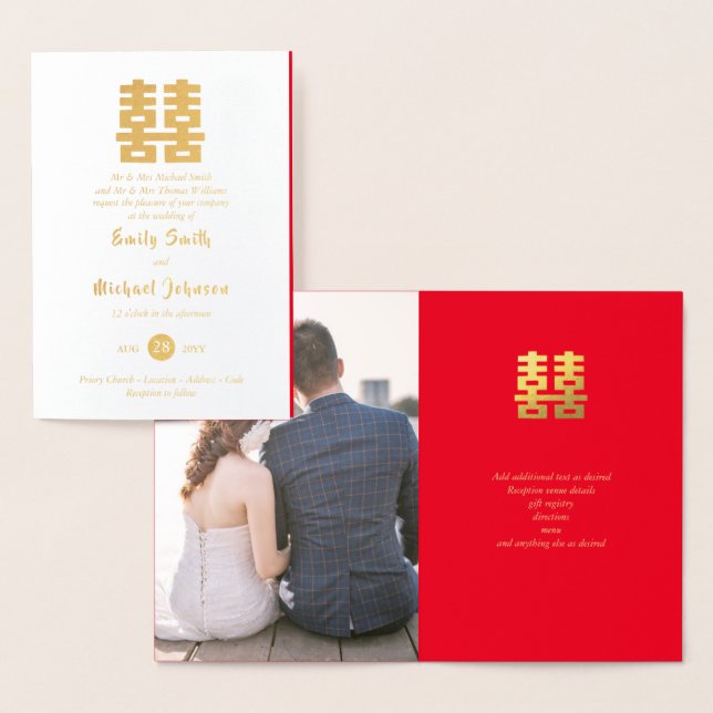 Carte Dorée Gold FOIL PHOTO Chinois Mariage du bonheur Rouge (Affichage)