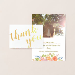 Carte Dorée Gold Foil Rose Bouquet Merci Photo et nom