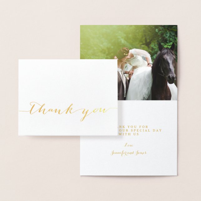 Carte Dorée Gold Foil Simple Script Mariage Photo Merci (Affichage)