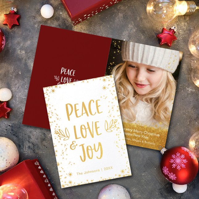 Carte Dorée Gold Stars Modern Peace Love Joy Quota Photo Real (Créateur téléchargé)