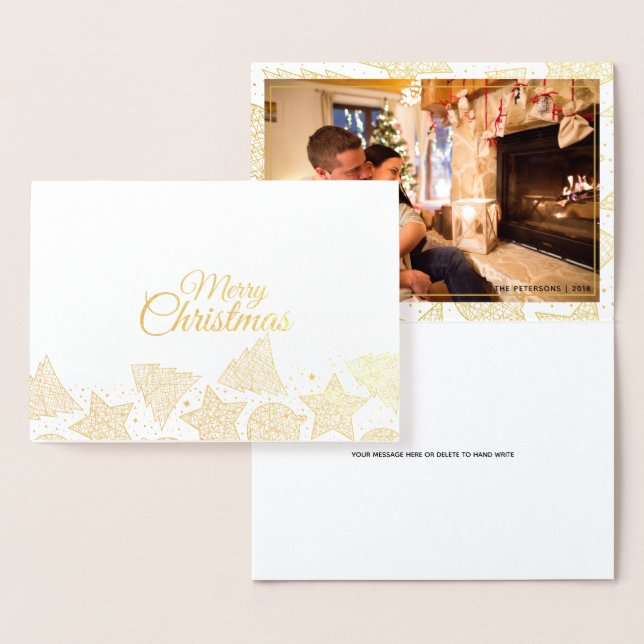 Carte Dorée Gold & White Joyeux Noël Motif Photo de famille (Affichage)