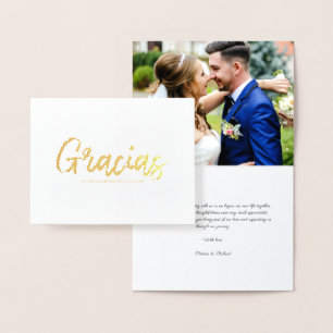 Carte Dorée Gracias Script élégant Mariage photo Merci photo