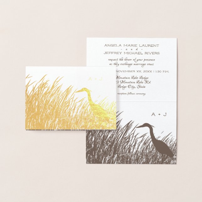 Carte Dorée Grande silhouette de Héron bleu rustique or mariag (Affichage)
