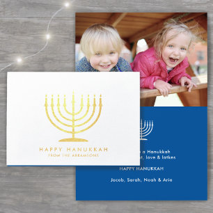 Carte Dorée Happy Hanoukka Techelet Blue Simple Moderne Menora