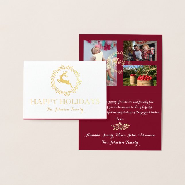 Carte Dorée Happy Holidays Photo Family Collage Burgundy Gold (Affichage)