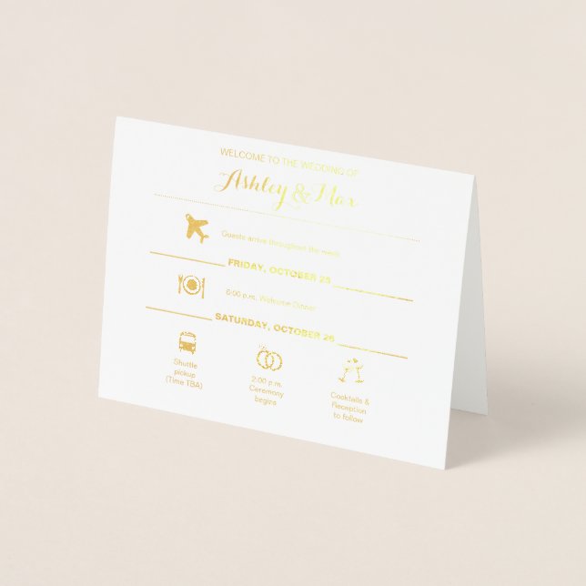 Carte Dorée Icônes Gold Foil Mariage Weekend Itinéraire Card (Devant)