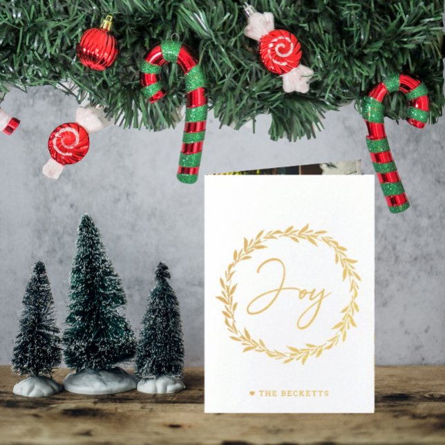 Carte Dorée Joie Typographie Script Wreath 3 Photo Noël (Créateur téléchargé)