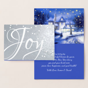 Carte Dorée Joie. Village neige Noël Luxe Véritable