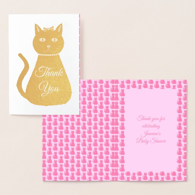 Carte Dorée Joli rose bébé fille Baby shower de chat Merci (Affichage)