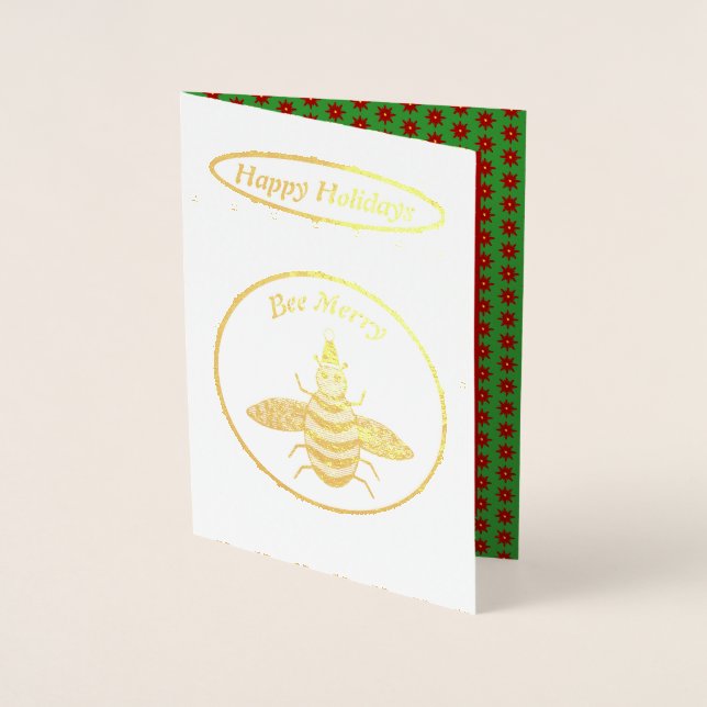 Carte Dorée Jolie Bee de Noël et Poinsettia Fleurs Personnalis (Devant)