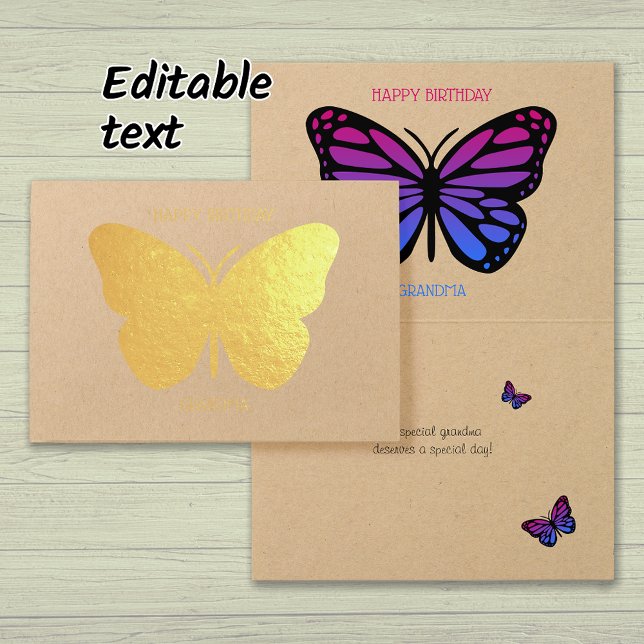 Carte Dorée Jolie papillon grand-mère customisée d'or d'annive (Gold foil, kraft paper)