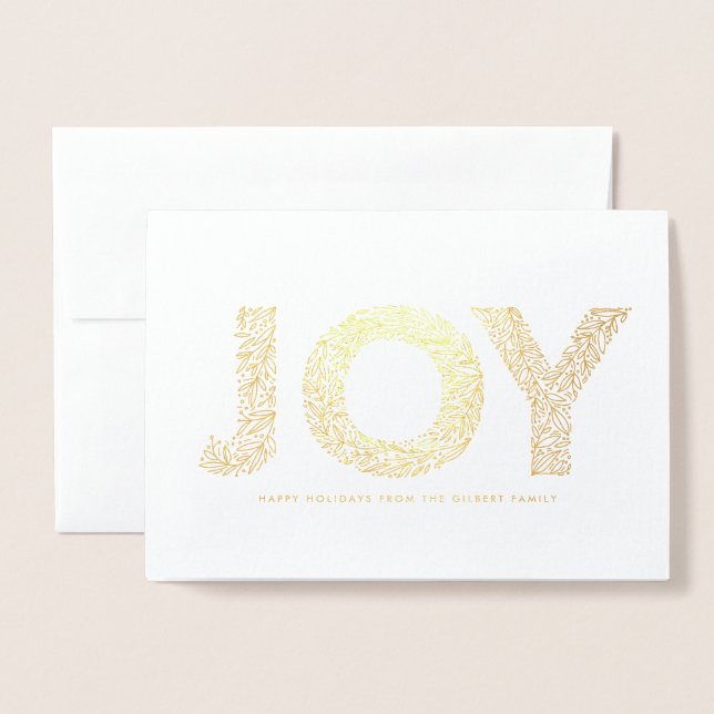 Carte Dorée JOY Foliage Typographie de Noël Photo (Devant avec enveloppe)