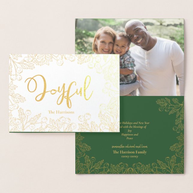 Carte Dorée Joyeuse Gold Winter Berries Green Christmas Photo (Affichage)