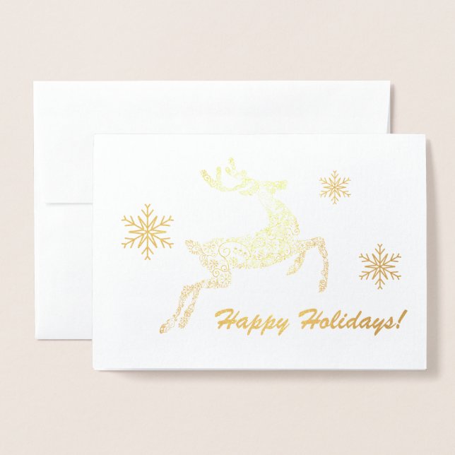 Carte Dorée Joyeuses fêtes ! Deer & Snowflakes Message personn (Devant avec enveloppe)
